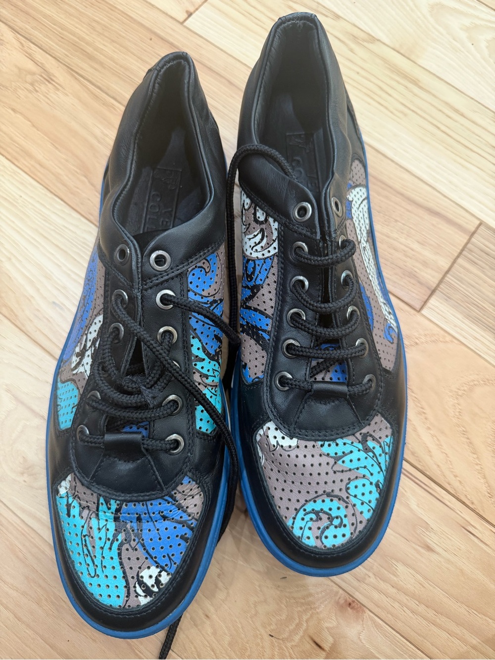 Versace Men's Black Leather Sneakers with Blue and Teal Accents